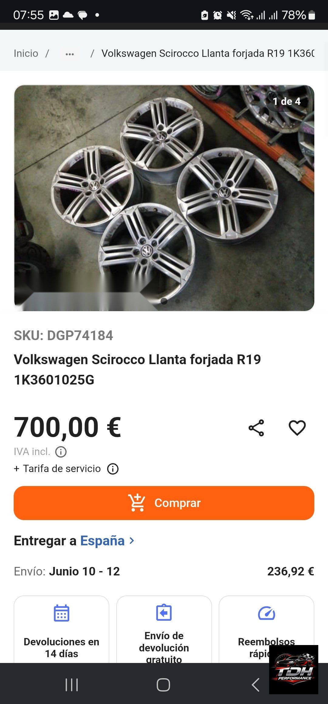 Llanta Volkswagen Scirocco 19 pulgadas 5 tornillos