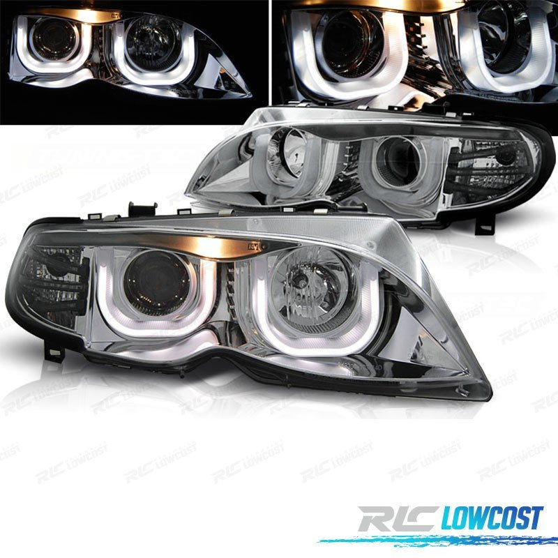 Faros BMW E46 4 Puertas 01-05 OJOS Angel EN U Fondo Cromo | TDH Performance